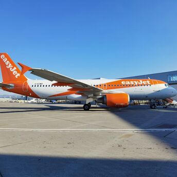 easyJet aircraft parked on the tarmac under a clear blue sky