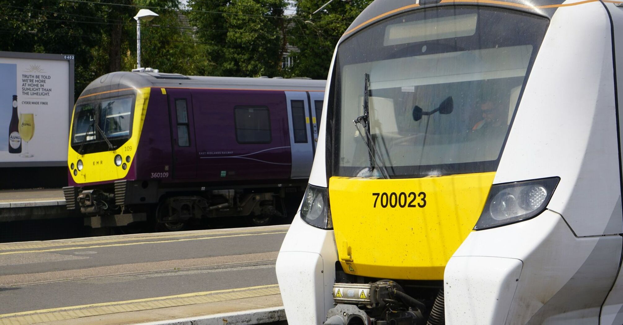 East Midlands Railway trains at a UK station platform