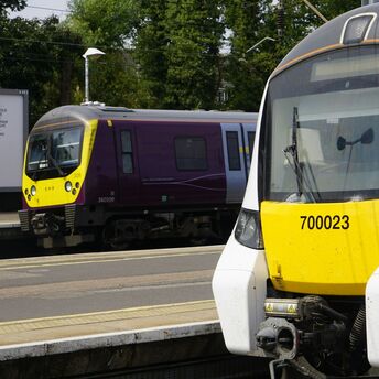 East Midlands Railway trains at a UK station platform
