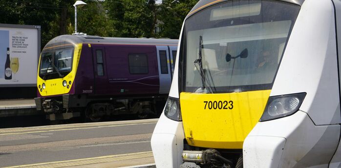 East Midlands Railway trains at a UK station platform