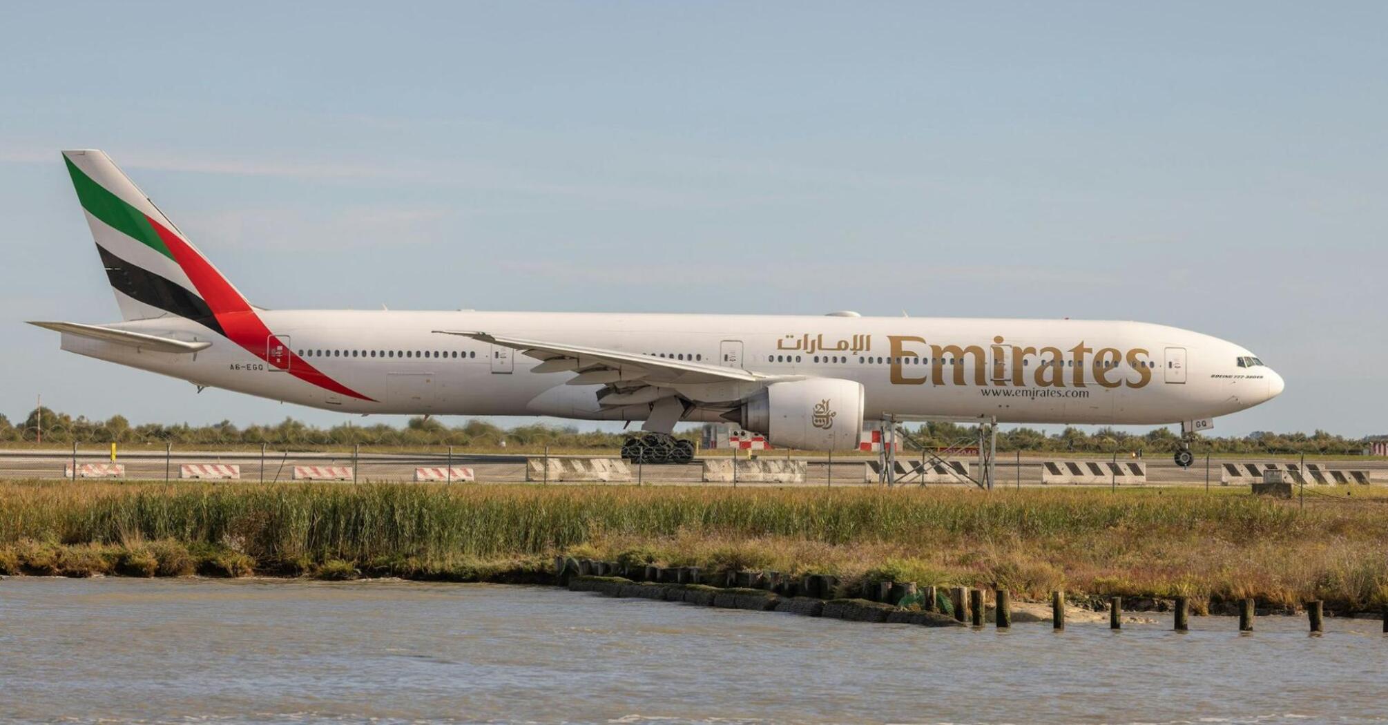 Emirates Boeing 777 taxiing at the airport before takeoff