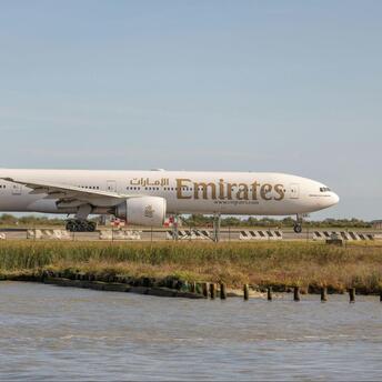 Emirates Boeing 777 taxiing at the airport before takeoff