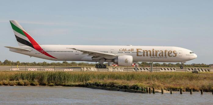 Emirates Boeing 777 taxiing at the airport before takeoff