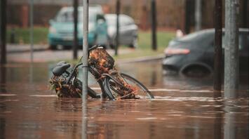 Flooded street with a bicycle partially submerged near a pedestrian crossing sign