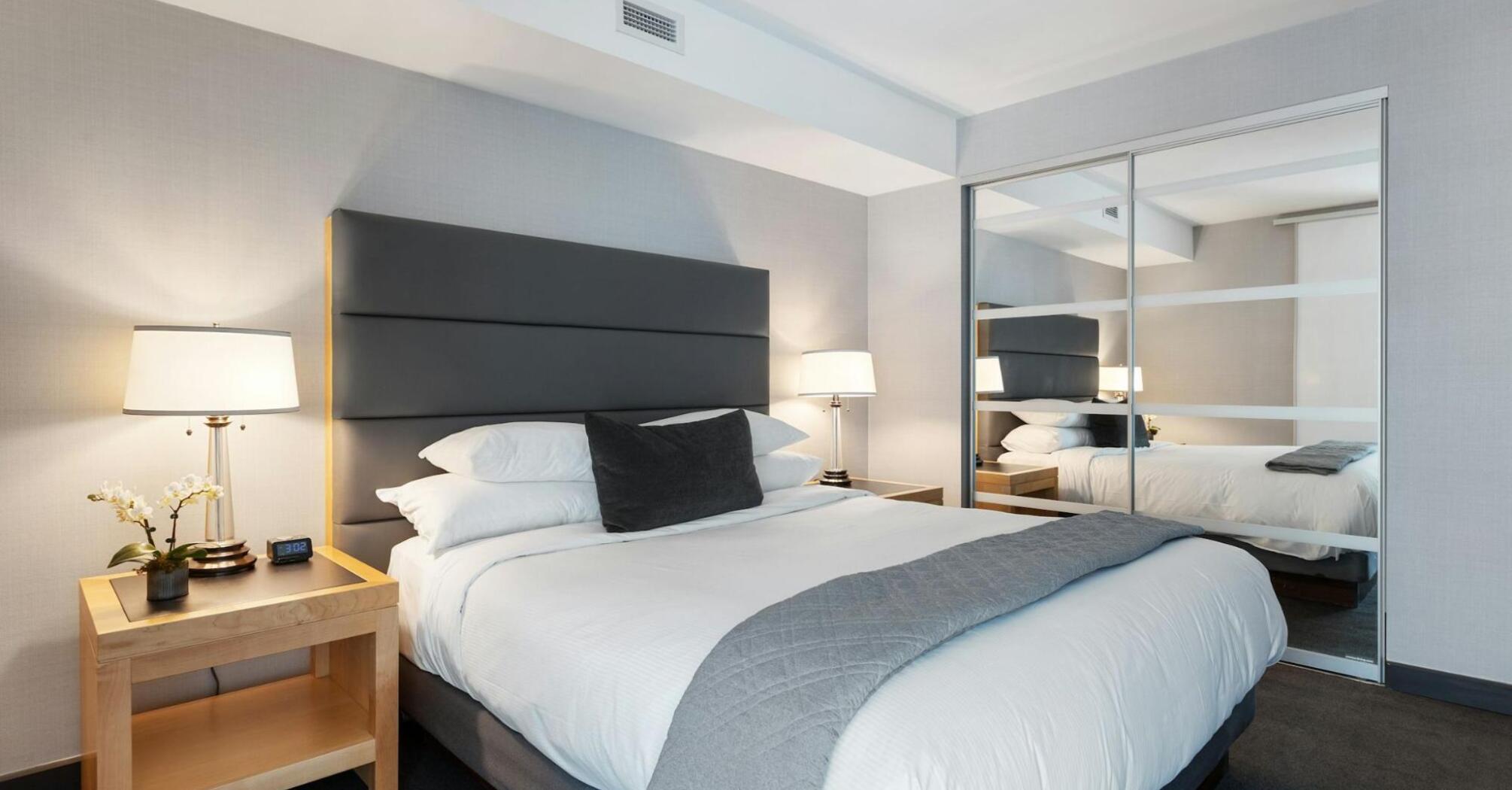 Modern hotel room interior with neutral decor