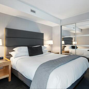 Modern hotel room interior with neutral decor