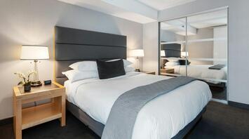 Modern hotel room interior with neutral decor