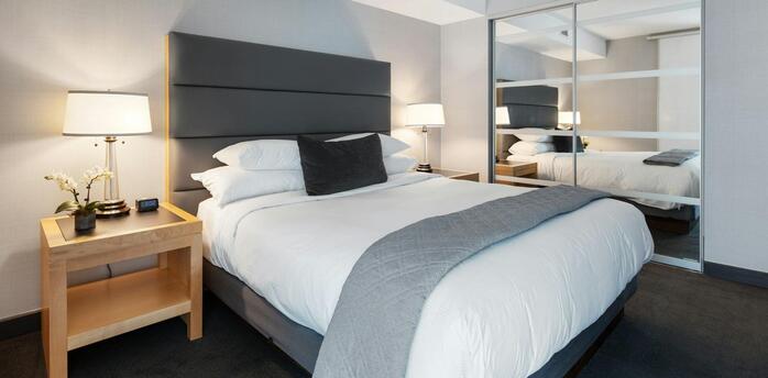 Modern hotel room interior with neutral decor