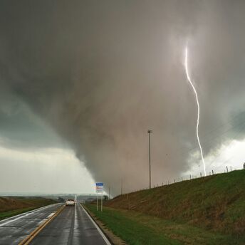Severe storm conditions with a tornado and lightning over a rural road