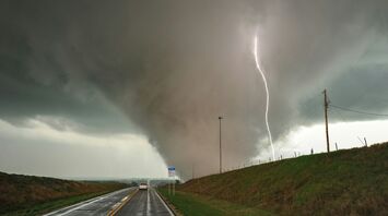 Severe storm conditions with a tornado and lightning over a rural road