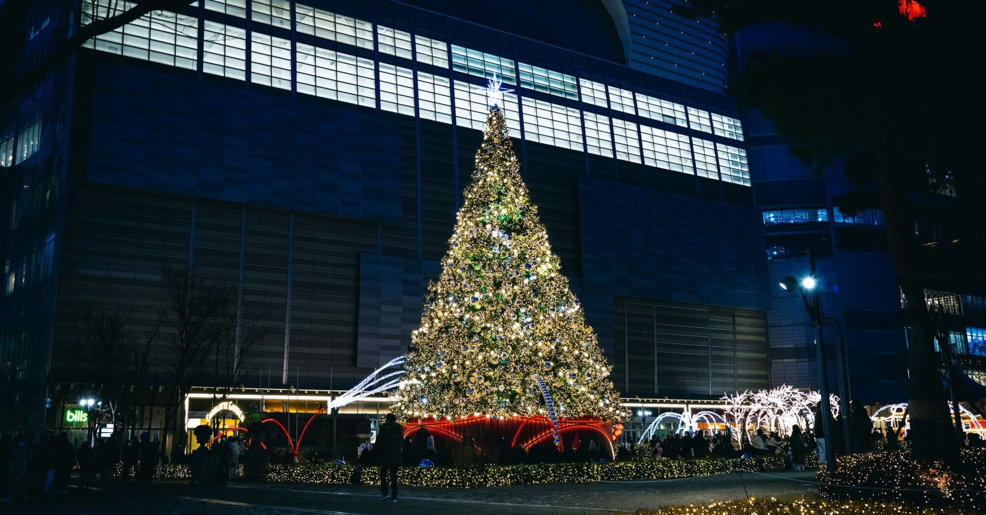Large illuminated Christmas tree near Airport’s outdoor area