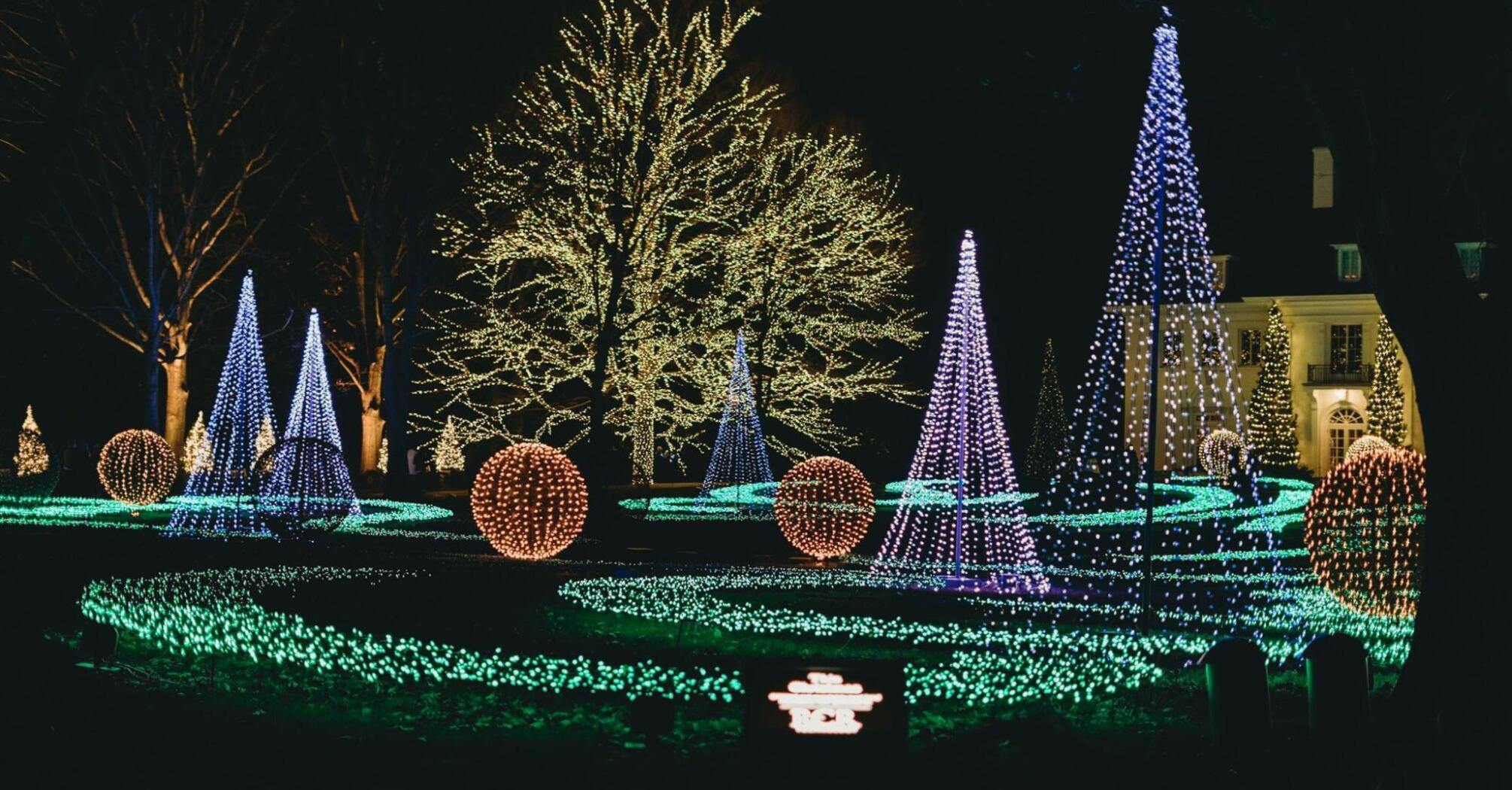 Illuminated trees and glowing light installations at a Christmas trail in North West England
