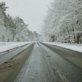 Snow-covered rural road surrounded by frosty trees