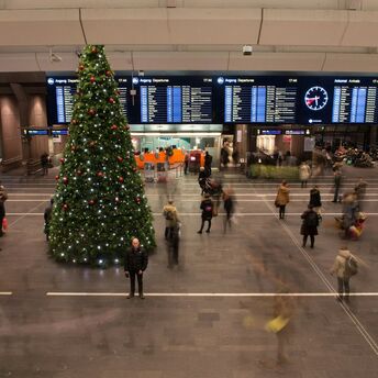 Christmas tree and passengers moving through a busy airport hall