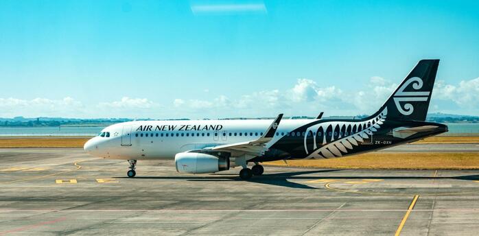 Air New Zealand aircraft on the runway at Christchurch Airport preparing for departure