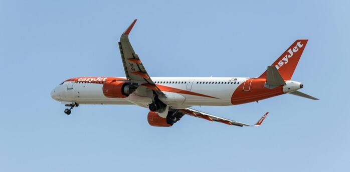 EasyJet Airbus A320 approaching Ljubljana Airport under clear blue sky