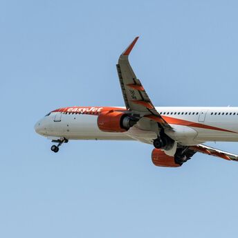 easyJet Airbus aircraft in flight against clear blue sky