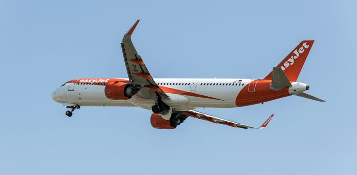 easyJet Airbus aircraft in flight against clear blue sky