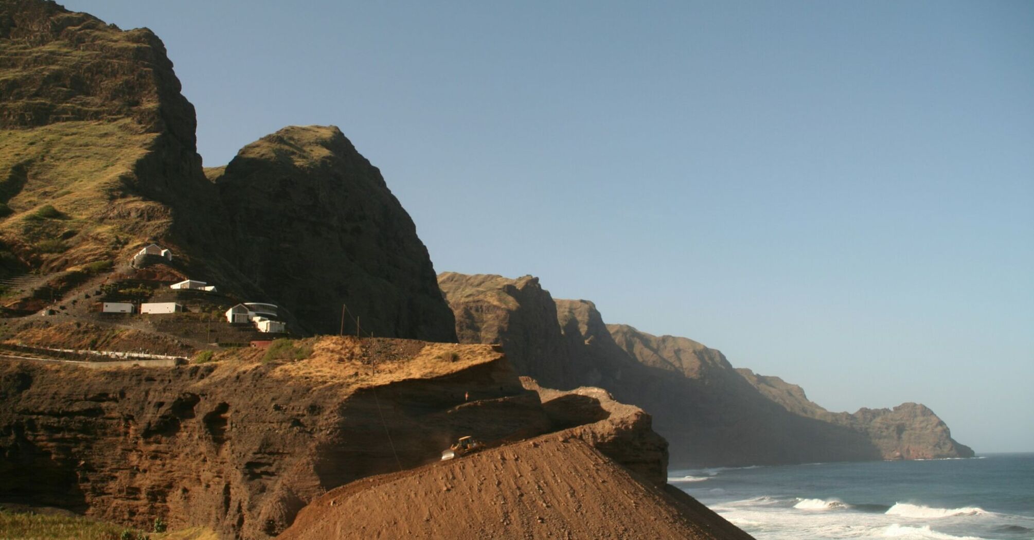 Rocky coastal mountains and ocean waves in Cape Verde