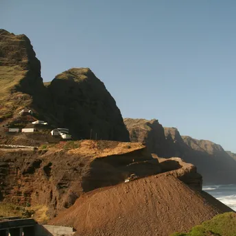 Rocky coastal mountains and ocean waves in Cape Verde