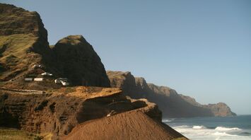 Rocky coastal mountains and ocean waves in Cape Verde