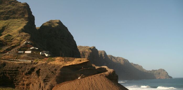 Rocky coastal mountains and ocean waves in Cape Verde