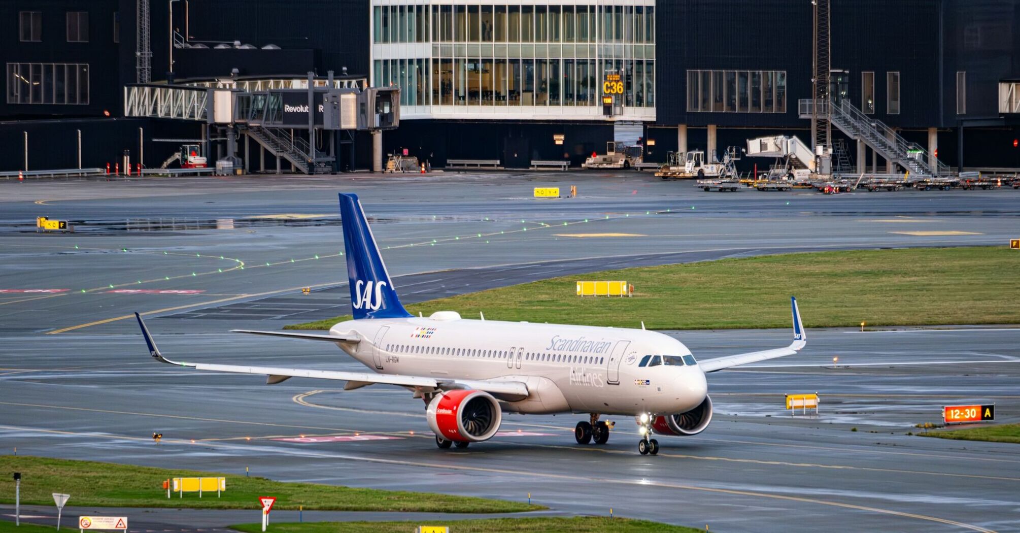 SAS aircraft taxiing at a Scandinavian airport