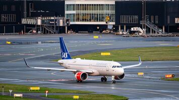 SAS aircraft taxiing at a Scandinavian airport