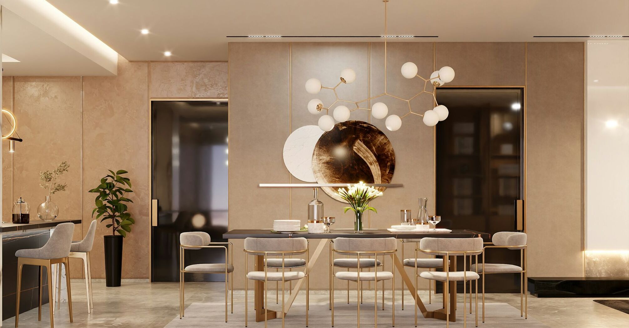 Elegant dining space with modern lighting and warm neutral interiors