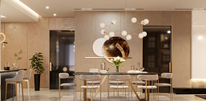 Elegant dining space with modern lighting and warm neutral interiors
