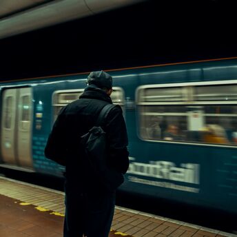 Passenger waiting on a ScotRail platform as a train arrives