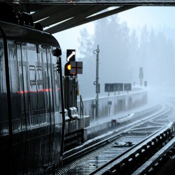 Rain-soaked train platform during severe weather