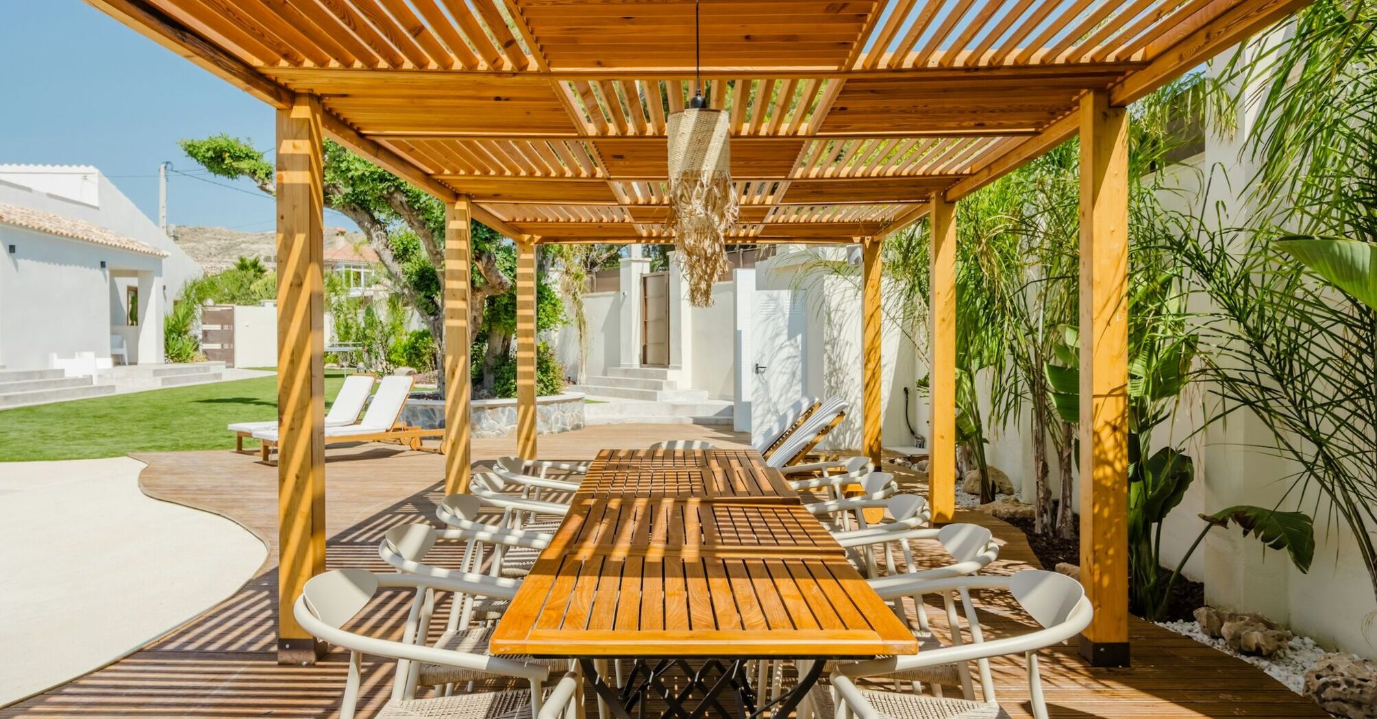 Outdoor dining area at a coastal resort
