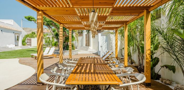Outdoor dining area at a coastal resort