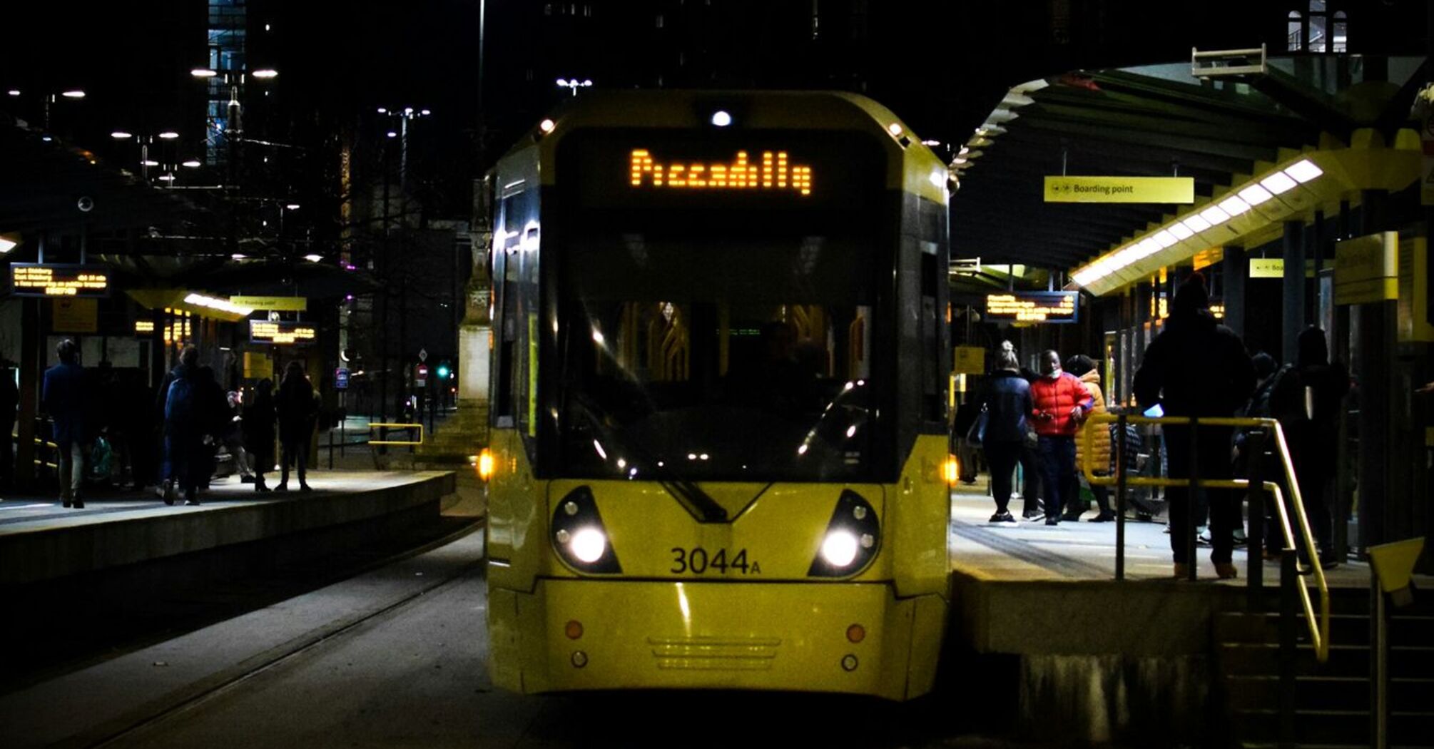 Bee Network tram running late in Manchester during the festive period