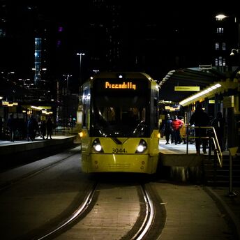 Bee Network tram running late in Manchester during the festive period