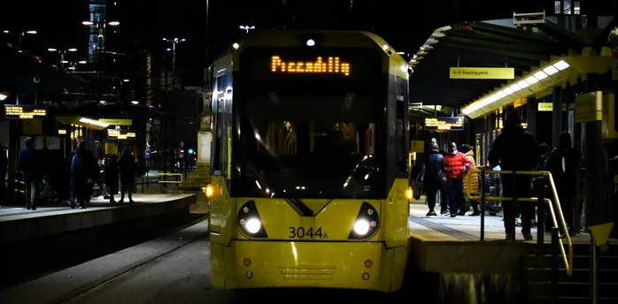 Bee Network tram running late in Manchester during the festive period