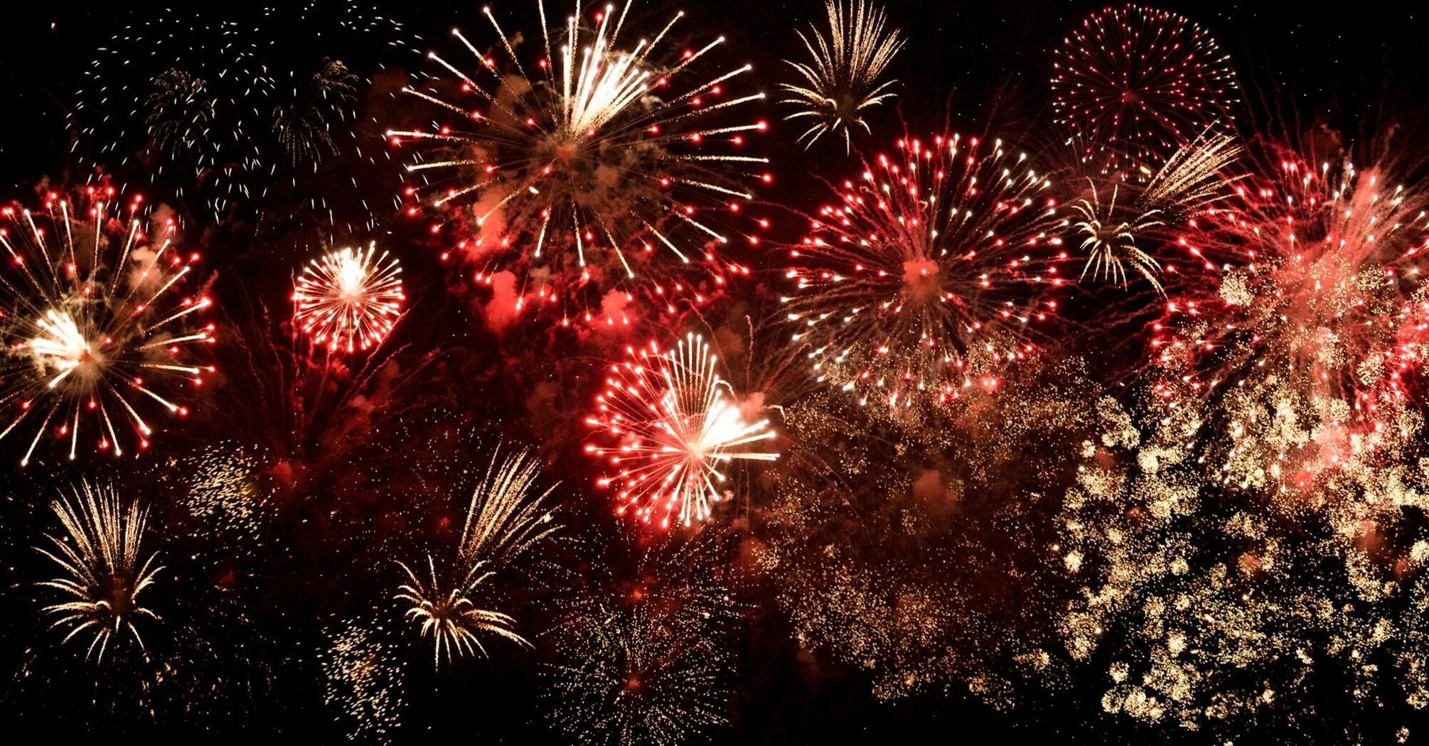 Multiple red and gold fireworks bursting in the night sky