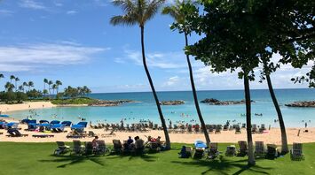 Crowded beach in Hawaii with visitors relaxing near the ocean on a sunny day
