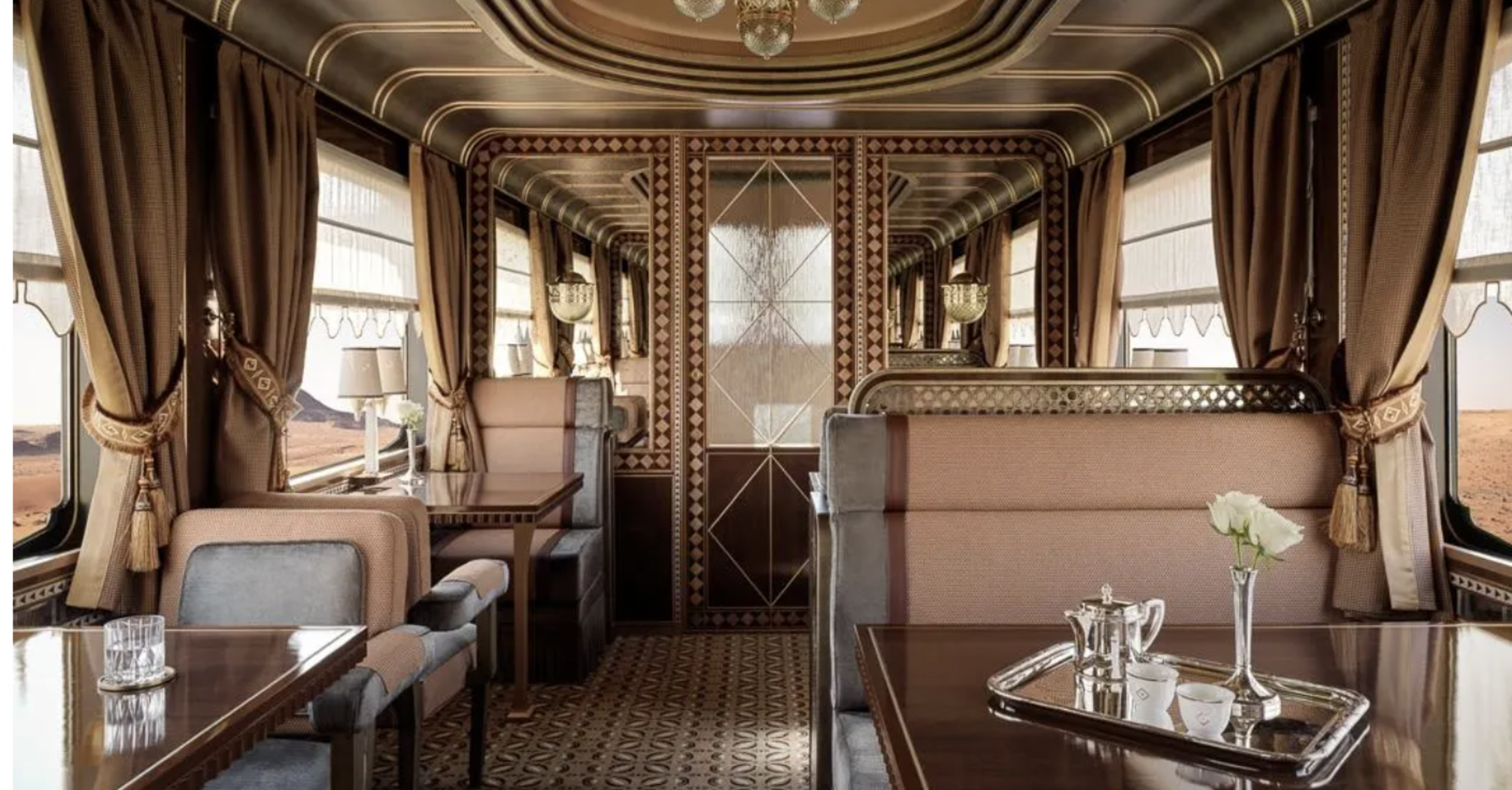 Interior of a luxury train suite in Saudi Arabia.  
