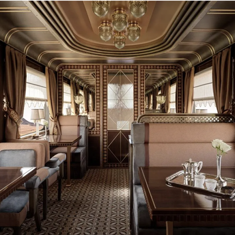 Interior of a luxury train suite in Saudi Arabia.