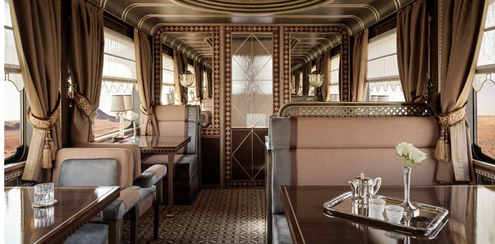 Interior of a luxury train suite in Saudi Arabia.