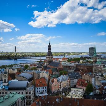 Riga city skyline along the Daugava River