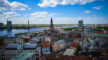 Riga city skyline along the Daugava River