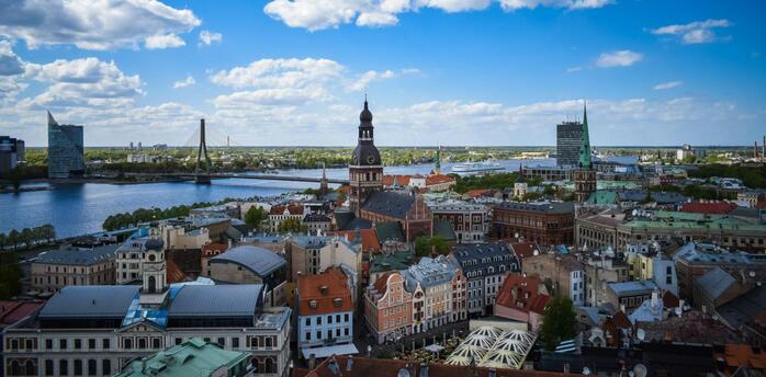 Riga city skyline along the Daugava River