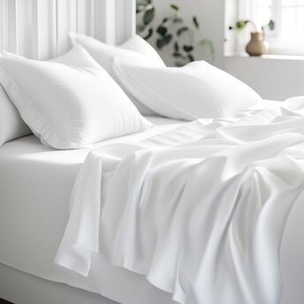 Fresh white bedding in a bright hotel room