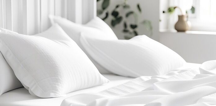 Fresh white bedding in a bright hotel room