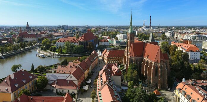 Aerial view of Wrocław’s historic centre and rivers