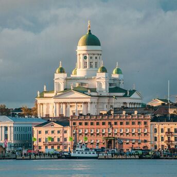 Helsinki Cathedral overlooking the harbour under soft evening light