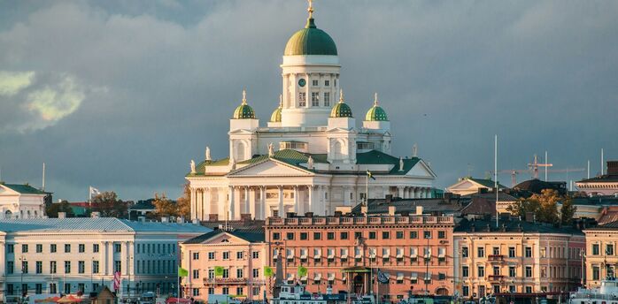Helsinki Cathedral overlooking the harbour under soft evening light